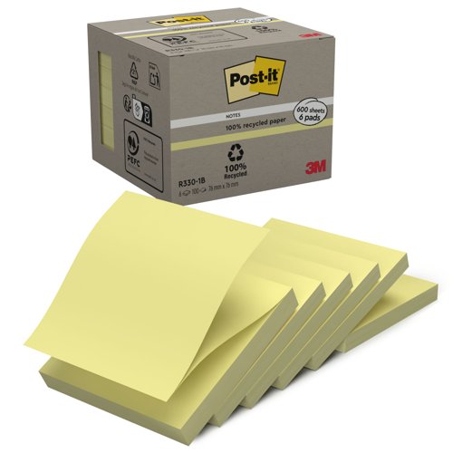 Post-it+Recycled+Z-Notes+76x76mm+100+Sheets+Per+Pad+PEFC+Canary+Yellow+%28Pack+6%29++-+7100172253