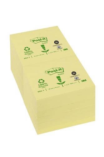 Post-it+Recycled+Notes+Pad+of+100+76x76mm+Yellow+Ref+654-1Y+%5BPack+12%5D