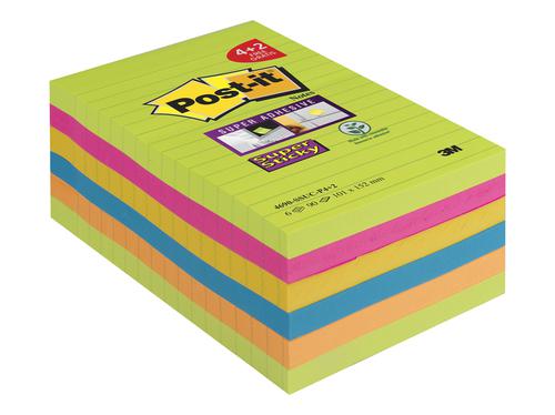 Post-it Notes Super Sticky 101x152mm 90 Sheets Promotional Pack 4 Plus 2 Free Assorted Colours 7100142720