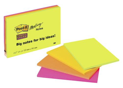 Super Sticky Post-it Super Sticky Meeting Pad 149x98mm 45 Sheets Neon Colours (Pack 4) 6445-SSP