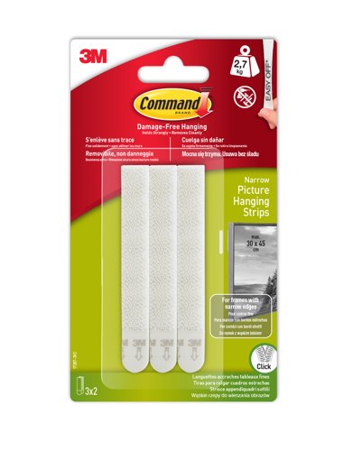3M Command Narrow Picture Hanging Strips White (Pack 3) - 7100206626 3M Command Narrow Picture Hanging Strips White (Pack 3) - 7100206626