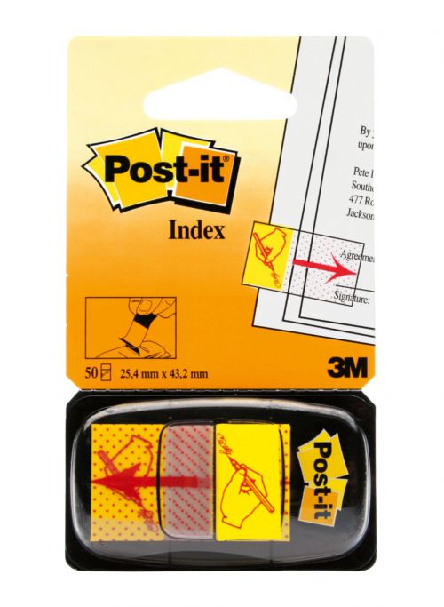 Post-it Index Flags Repositionable Sign Here 25x43mm Red Text On Yellow (Pack 50) 680-9 - 7000002258