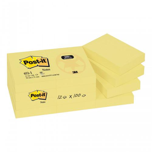 Post-it+Recycled+Notes+Pad+of+100+38x51mm+Yellow+Ref+653-1Y+%5BPack+12%5D