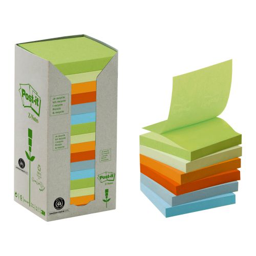 Post-it Z-Note Tower Recycled 100 Sheets per Pad 76x76mm Pastel Assorted Ref R3301RPT [Pack 16]