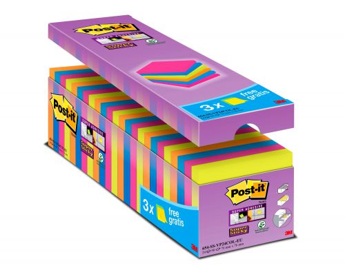 Post-it Notes Super Sticky 76x76mm 90 Sheets Assorted Colours (Pack 24) 654-SS-VP24COL-EU - 7100234515