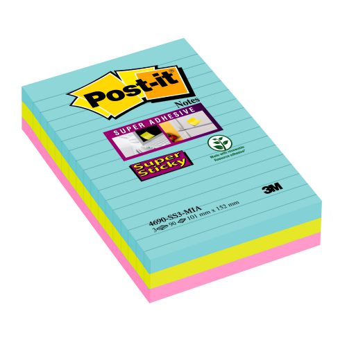 Post-It Super Sticky Notes 101x152mm Ruled 90 Sheets Miami Colours (Pack 3) 7100097858
