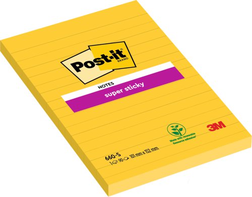 Post-it+Super+Sticky+Removable+Notes+Ruled+Pad+90+Sheets+102x152mm+Yellow+Ref+660S+%5BPack+6%5D