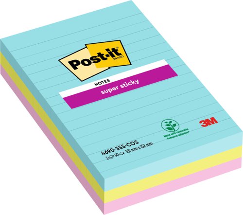 Post-it Notes Large Format Notes Feint Ruled Pad of 100 Sheets 101x152mm  Rainbow Colour Ref 660N [Pack 6]