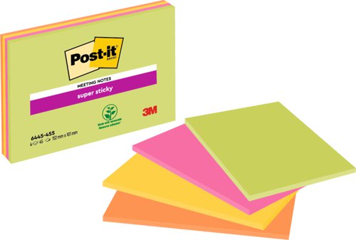 Post-it Super Sticky Meeting Notes Pads of 45 Sheets 149x98.4mm Bright Colours Ref 6445SSP [Pack 4]