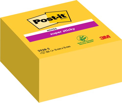 Post-it+Super+Sticky+Note+Cube+Pad+of+350+Sheets+76x76mm+Yellow+Ref+2028S