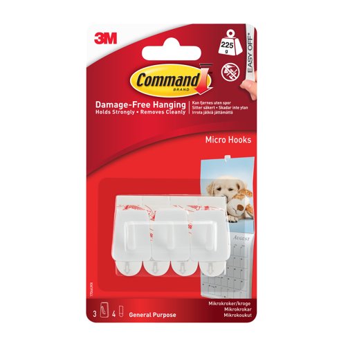 3M Command Mini Micro Hooks With Command Adhesive Strips White (Pack 3) - 7100117609 3M Command Mini Micro Hooks With Command Adhesive Strips White (Pack 3) - 7100117609