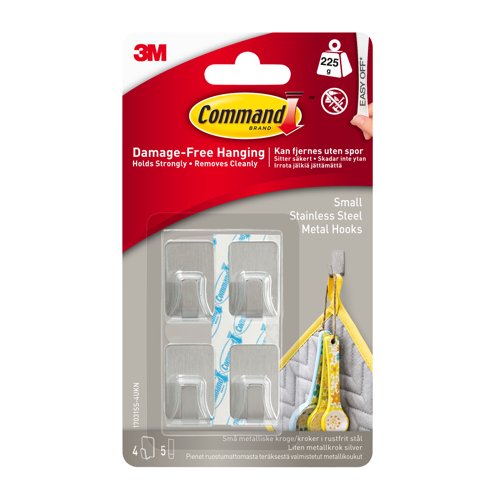3M Command Small Stainless Steel Metal Hooks With Command Adhesive Strips (Pack 4) - 7100191582 3M Command Small Stainless Steel Metal Hooks With Command Adhesive Strips (Pack 4) - 7100191582