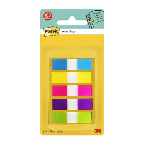 Post-it+Index+Flags+Repositionable+12x43mm+5x20+Tabs+Bright+Assorted+Colours+%28Pack+100%29+683-5CB+-+7000101800