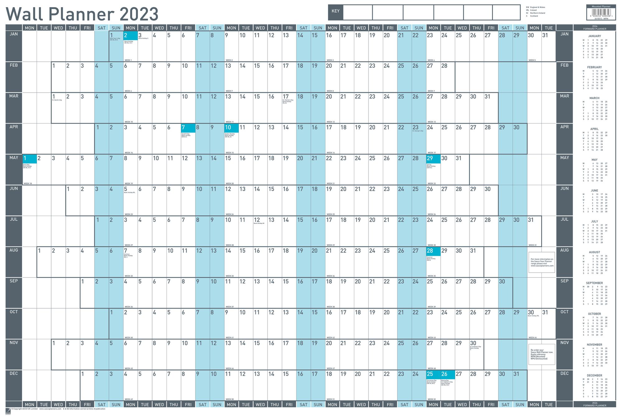 Sasco 2023 Value Year Wall Planner Blue, Board Mounted, 915mmW x 610mmH  - Outer carton of 10