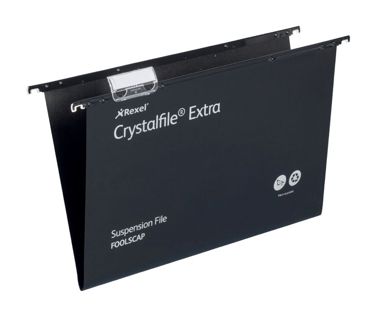 Rexel Crystalfile Extra Foolscap Suspension File Polypropylene 15mm V Base Black (Pack 25)