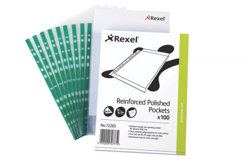 Plastic Pockets Rexel Copy King Multi Punched Pocket Polypropylene A4 90 Micron Top Opening Green Spine Glass Clear (Pack 100) 12265