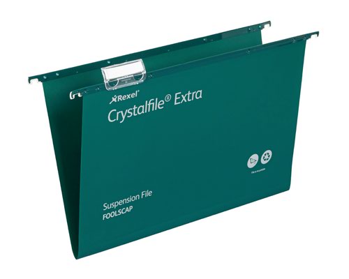 Rexel+Crystalfile+Extra+Foolscap+Suspension+File+Polypropylene+15mm+V+Base+Green+%28Pack+25%29+70628