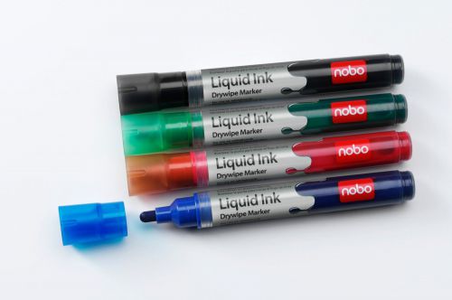 Nobo Marker Liquid Ink Dry-wipe W/bd/Flipchart/OHP Bullet Tip 3mm Line Black Ref 1901073 [Pack 12]