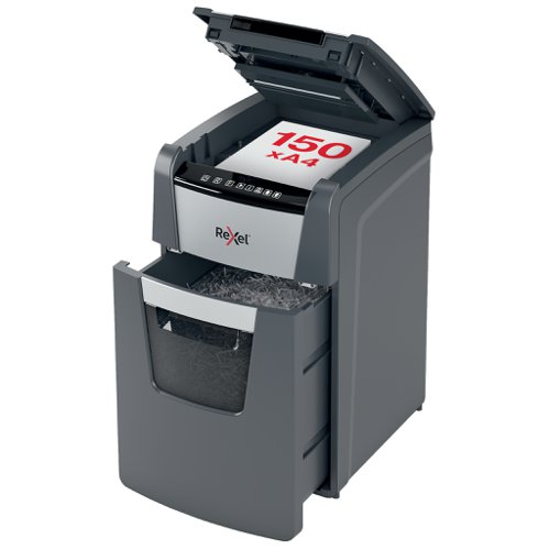 Rexel Optimum Auto Feed+ 150 Sheet Automatic Micro Cut Paper Shredder, P-5 Security, 44L Bin, 2020150M