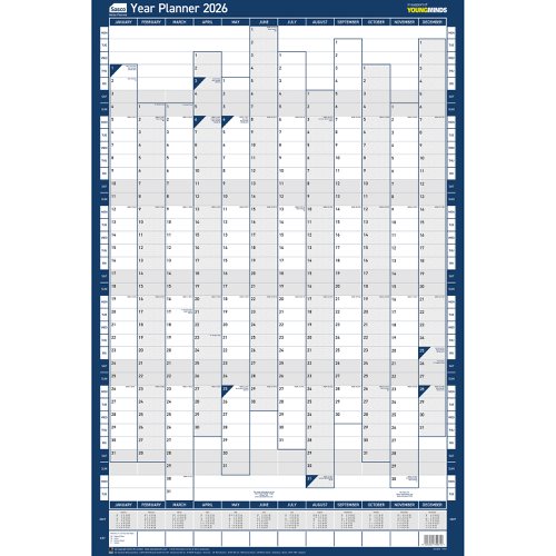 Sasco 2026 Portrait Year Wall Planner with wet wipe pen & sticker pack, Blue, Poster Style - Outer carton of 10 Sasco 2026 Portrait Year Wall Planner with wet wipe pen & sticker pack, Blue, Poster Style - Outer carton of 10
