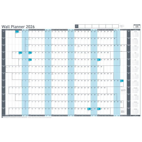 Sasco 2026 Value Year Wall Planner, Blue, Board Mounted - Outer carton of 10 Sasco 2026 Value Year Wall Planner, Blue, Board Mounted - Outer carton of 10