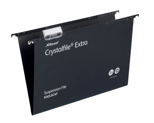 Suspension File Rexel Crystalfile Extra Foolscap Suspension File Polypropylene 15mm V Base Black (Pack 25) 3000080