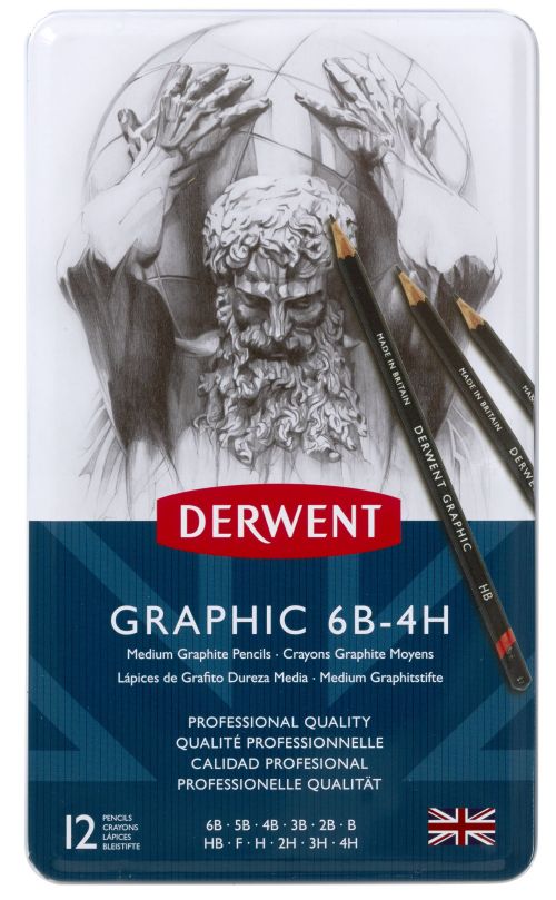 Derwent+Medium+Graphic+Pencils+Tin+Graphite+Drawing+and+Sketching+Pencils+6B-4H+%28Set+of+12%29+-+Outer+carton+of+6