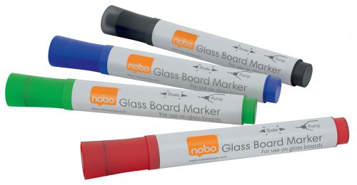 Drywipe Markers Nobo Glass Whiteboard Marker Bullet Tip 3mm Line Assorted Colours (Pack 4) 1905324