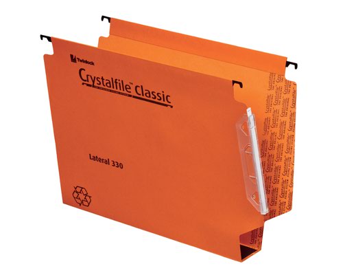 Rexel+330+Lateral+Hanging+Files+with+Tabs+and+Inserts%2C+50mm+base%2C+100%25+Recycled+Manilla%2C+Orange%2C+Crystalfile+Classic%2C+Pack+of+25