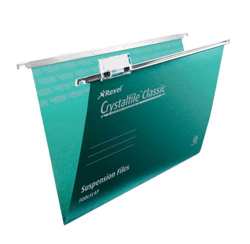 Rexel Crystalfile Classic Foolscap Suspension File Manilla 15mm V Base Green (Pack 50) 78046