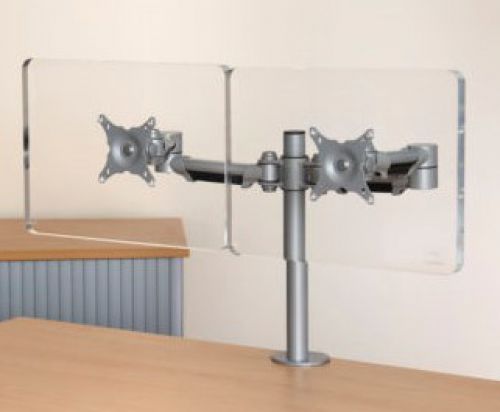 Dual monitor arm, manually adjustable. Silver. Dual monitor arm, manually adjustable. Silver.
