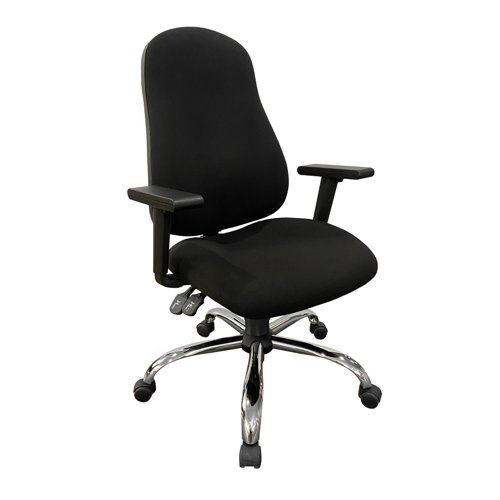 High back operator chair with height adjustable arms and on a chrome base. Blue fabric. High back operator chair with height adjustable arms and on a chrome base. Blue fabric.