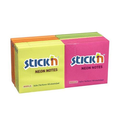 Stickn+Adh+Note+76x76mm+Neon+Astd+Pack+12