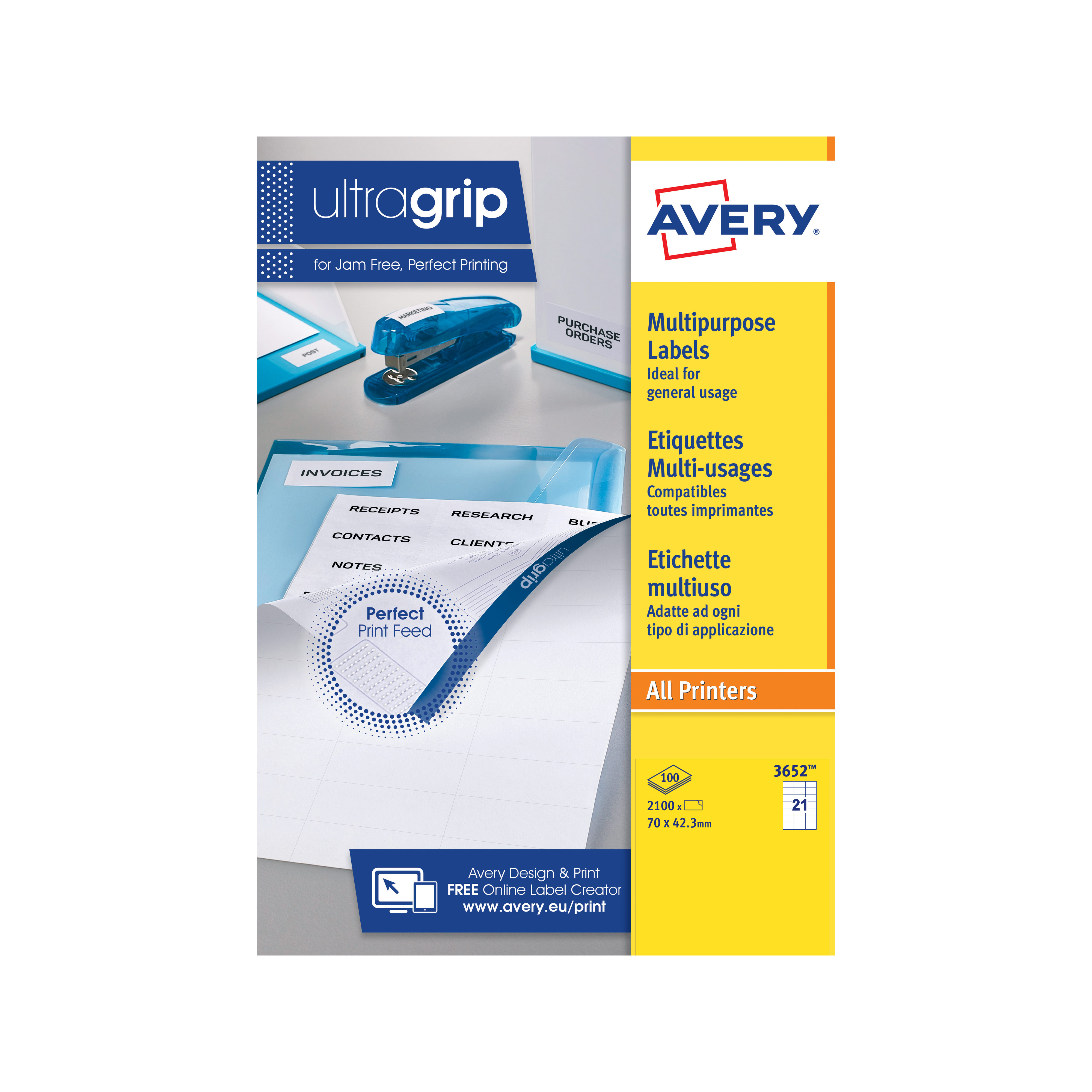 Avery Multipurpose Label 70x42mm 21 Per A4 Sheet White (Pack 2100 Labels) 3652