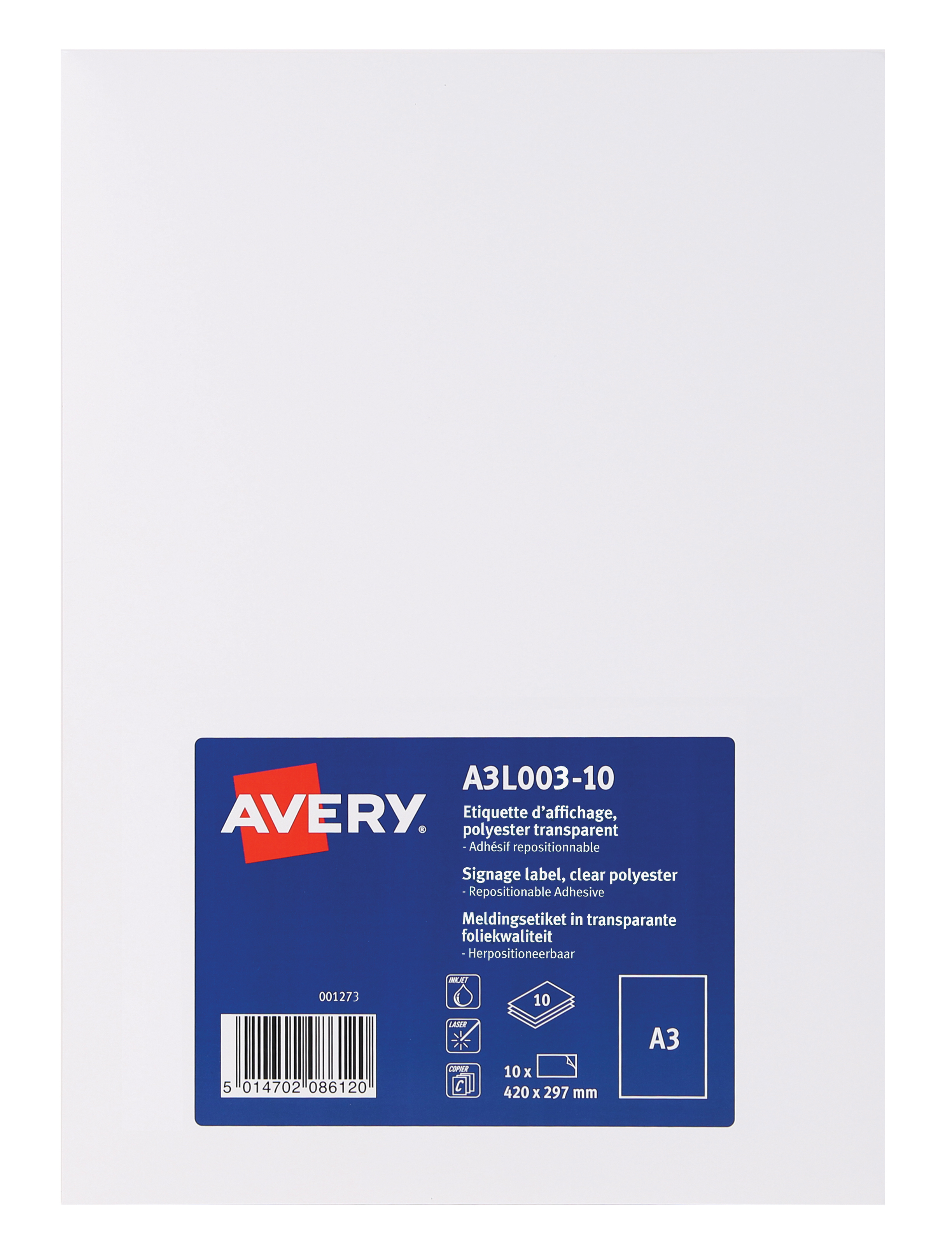 Avery Display Label A3 Removable Clear (Pack 10 Labels) A3L003-10