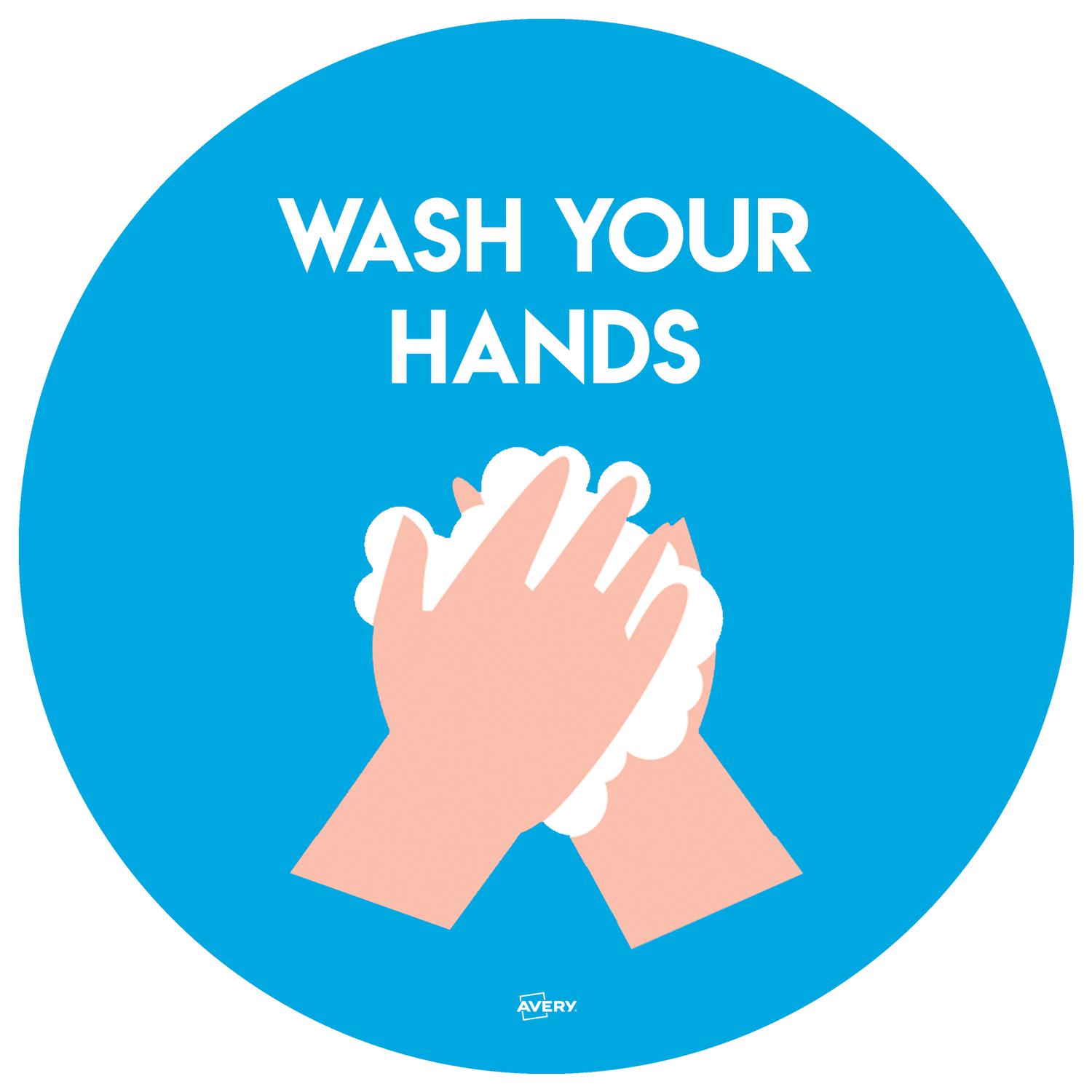 Advice Avery Covid19 Self-Adhesive Poster Wash Hands Circular 275mm Diameter (Pack 2)