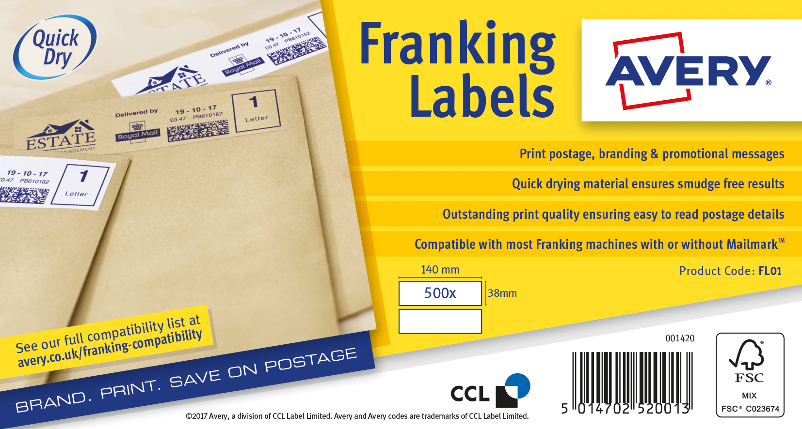 Franking Labels Avery Franking Label Manual Feed 140x38mm (Pack 1000 Labels) FL01
