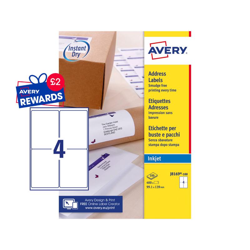 Address Avery Inkjet Address Label 139x99mm 4 Per A4 Sheet White (Pack 400 Labels) J8169-100