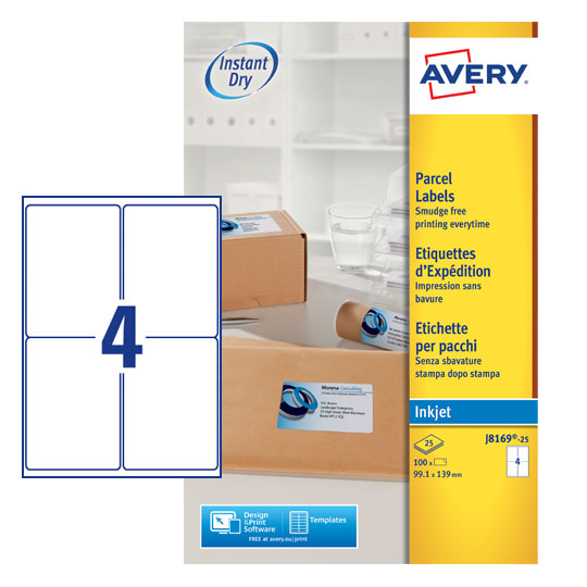 Avery Inkjet Address Label 99.1x139mm 4 Per A4 Sheet White (Pack 100 Labels) J8169-25
