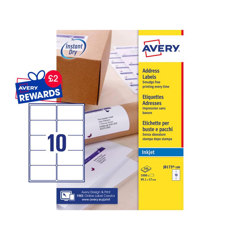 Address Avery Inkjet Address Label 99x57mm 10 Per A4 Sheet White (Pack 1000 Labels) J8173-100