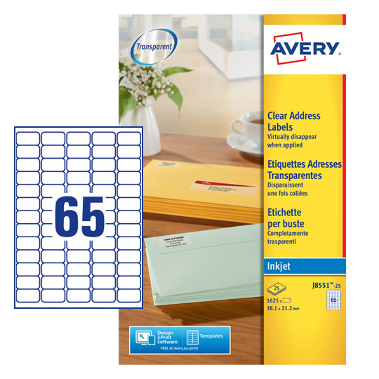 Avery Inkjet Mini Label 38.1x21.2mm 65 Per A4 Sheet Clear (Pack 1625 Labels) J8551-25