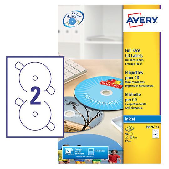 Avery Inkjet Full Face CD/DVD Label 117mm Diameter 2 Per A4 Sheet Matt White (Pack 50 Labels) J8676-25