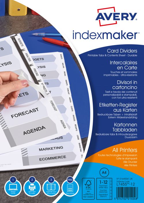 Dividers Avery Indexmaker Divider 12 Part A4 Punched 190gsm Card White with White Mylar Tabs 1640061