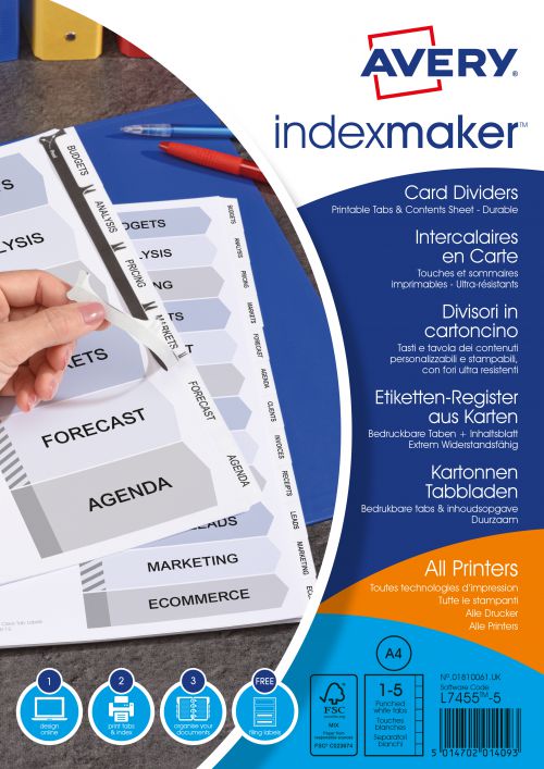 Dividers Avery Indexmaker Divider 5 Part A4 Punched 190gsm Card White with White Mylar Tabs 01810061