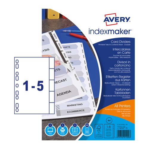Avery+Indexmaker+Divider+5+Part+A4+Punched+190gsm+Card+White+with+White+Mylar+Tabs+01810061