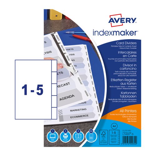 Avery+Indexmaker+Divider+5+Part+A4+Unpunched+190gsm+Card+White+with+White+Mylar+Tabs+01814061