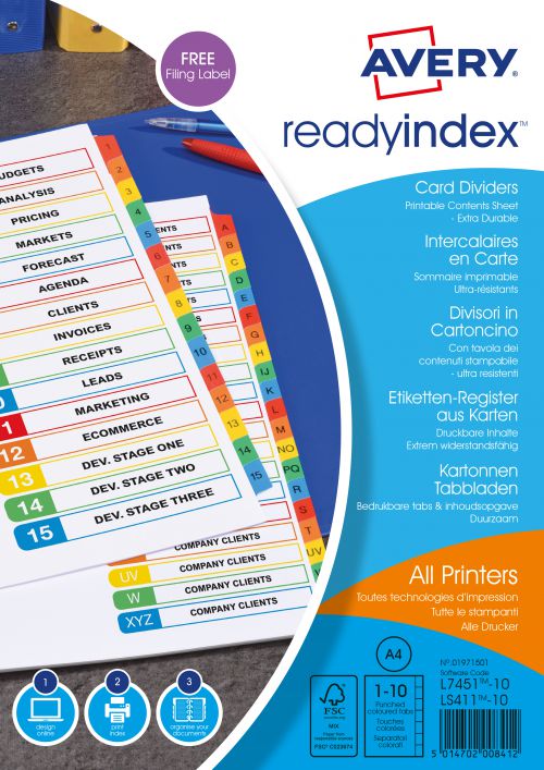 Dividers Avery Readyindex Divider 1-10 A4 Punched 190gsm Card White with White Coloured Tabs 01971501