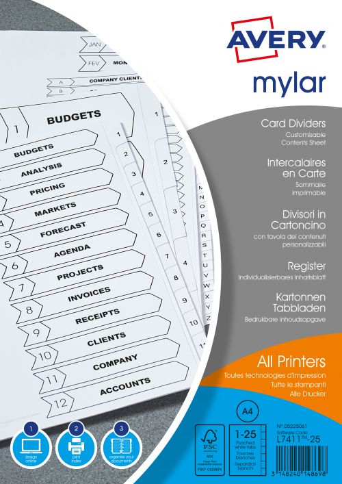 Avery Mylar Divider 1-25 A4 Punched 150gsm White Card with White Mylar Tabs 05225061