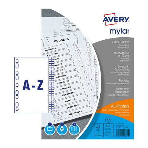 Avery+Mylar+Divider+A-Z+A4+Punched+150gsm+White+Card+with+White+Mylar+Tabs+05231061