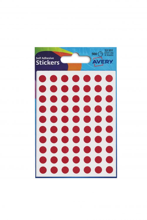 Avery Coloured Labels Round 8mm DIA Red (560 Labels)  PK10